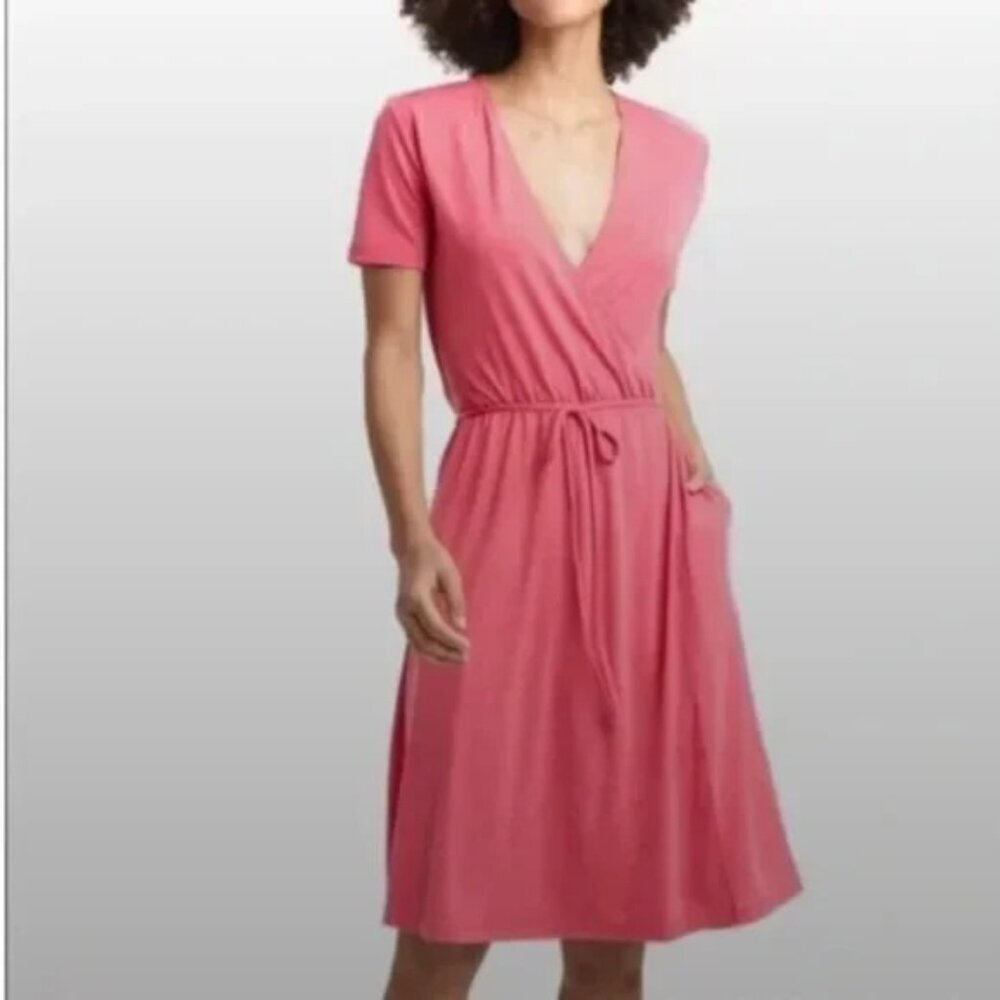 Lole Pink Faux Wrap Fit & Flare Dress Pockets Stretch Short Sleeve NWT Pockets M